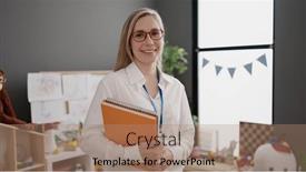  Presentation with preschool - PPT layouts enhanced with young-blonde-woman-preschool-teacher and a coral colored foreground