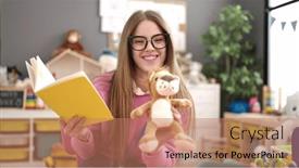  Presentation with story book - PPT theme featuring young-blonde-woman-preschool-teacher background and a coral colored foreground