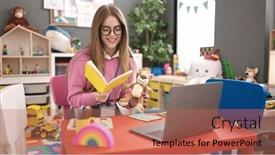  Presentation with story book - Slides with young-blonde-woman-preschool-teacher background and a coral colored foreground