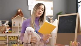  Presentation with story book - Slide deck having young-blonde-woman-preschool-teacher background and a coral colored foreground