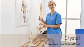  Presentation with rehab clinic - Theme featuring young-blonde-woman-pysiotherapist-smiling background and a coral colored foreground