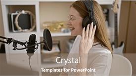  Presentation with radio - Presentation design enhanced with young-blonde-woman-radio-reporter and a coral colored foreground