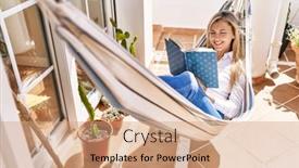  Presentation with book - PPT theme featuring young-blonde-woman-reading-book background and a coral colored foreground