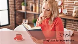  Presentation with kids reading book - Slide set enhanced with young-blonde-woman-reading-book background and a coral colored foreground