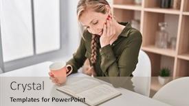  Presentation with coffee book - Presentation design consisting of young-blonde-woman-reading-book background and a coral colored foreground