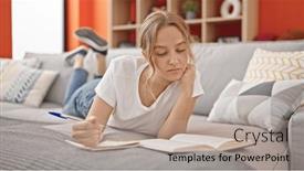  Presentation with reading and writing - PPT theme having young-blonde-woman-reading-book and a mint green colored foreground