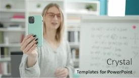  Presentation with magnetic - PPT theme having young-blonde-woman-recording-teaching background and a light gray colored foreground