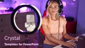  Presentation with recording - PPT theme having young-blonde-woman-recording-vlog background and a tawny brown colored foreground