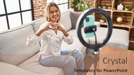  Presentation with heart love - Slides enhanced with young-blonde-woman-recording-vlog background and a coral colored foreground