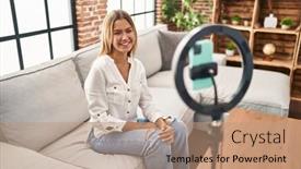  Presentation with recording - Theme consisting of young-blonde-woman-recording-vlog background and a coral colored foreground