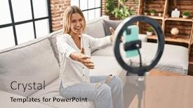  Presentation with hug - Theme with young-blonde-woman-recording-vlog background and a soft green colored foreground