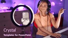  Presentation with woman stuck in ladder - Presentation theme with young-blonde-woman-recording-vlog background and a  colored foreground