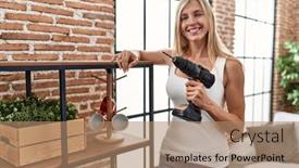  Presentation with drill - PPT theme having young-blonde-woman-repairing-shelving background and a coral colored foreground