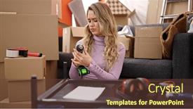  Presentation with drill - PPT theme with young-blonde-woman-repairing-table background and a tawny brown colored foreground