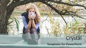  Presentation with tea coffee - Theme enhanced with young blonde woman resting in an old boat and holding a cup of coffee or tea background and a light gray colored foreground