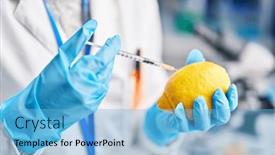  Presentation with scientist - PPT theme featuring young-blonde-woman-scientist-injecting and a light blue colored foreground