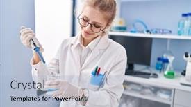  Presentation with test tube laboratory - Slide deck featuring young-blonde-woman-scientist-smiling background and a light blue colored foreground