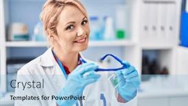  Presentation with scientist - Slide set consisting of young-blonde-woman-scientist-smiling background and a light blue colored foreground