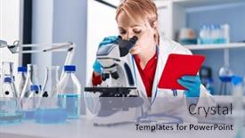  Presentation with microscope - Slides enhanced with young-blonde-woman-scientist-using background and a light gray colored foreground