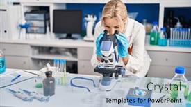  Presentation with scientist innovation - Slides having young-blonde-woman-scientist-using background and a light blue colored foreground