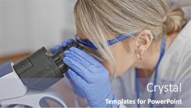  Presentation with scientist - Slide set with young-blonde-woman-scientist-using and a light blue colored foreground