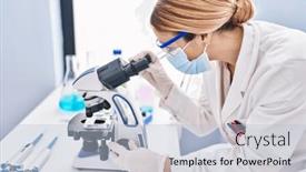  Presentation with microscope - PPT layouts featuring young-blonde-woman-scientist-wearing background and a light blue colored foreground