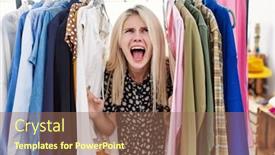  Presentation with clothing wooden clothes hanger object - PPT theme enhanced with young-blonde-woman-searching-clothes background and a  colored foreground