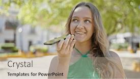  Presentation with voice - PPT theme consisting of young-blonde-woman-sending-voice and a coral colored foreground