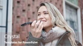  Presentation with voice - PPT theme enhanced with young-blonde-woman-sending-voice and a coral colored foreground