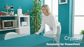  Presentation with tablecloth - Slides enhanced with young-blonde-woman-setting background and a teal colored foreground