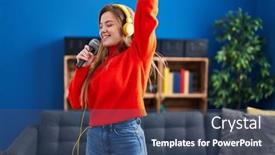  Presentation with young - Presentation design enhanced with young-blonde-woman-singing-song background and a ocean colored foreground