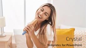  Presentation with brush - Slides consisting of young-blonde-woman-singing-song background and a coral colored foreground