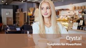  Presentation with cafeteria - Amazing slide set having young blonde woman sits in cafeteria at table with cup of coffee backdrop and a coral colored foreground