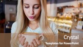  Presentation with cafeteria - PPT theme having young blonde woman sits in cafeteria at table holding cup of coffee in hands and blowing on it background and a coral colored foreground