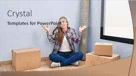  Presentation with new home - Presentation theme having young-blonde-woman-sitting background and a sky blue colored foreground