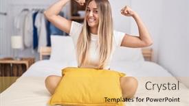  Presentation with bed - PPT layouts with young-blonde-woman-sitting background and a  colored foreground