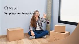  Presentation with new home - Presentation theme with young-blonde-woman-sitting background and a sky blue colored foreground