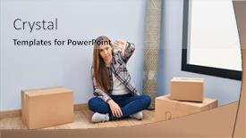  Presentation with new home - Presentation theme with young-blonde-woman-sitting background and a sky blue colored foreground