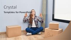  Presentation with new home - PPT theme featuring young-blonde-woman-sitting background and a sky blue colored foreground