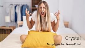  Presentation with bed - Slide deck having young-blonde-woman-sitting background and a  colored foreground