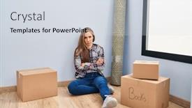  Presentation with new home - Presentation theme featuring young-blonde-woman-sitting background and a sky blue colored foreground