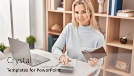  Presentation with accounting - Theme consisting of young-blonde-woman-sitting background and a soft green colored foreground