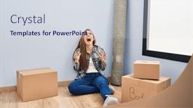  Presentation with new home - Slide set with young-blonde-woman-sitting background and a sky blue colored foreground