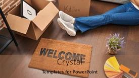  Presentation with welcome - Presentation theme featuring young-blonde-woman-sittng background and a coral colored foreground