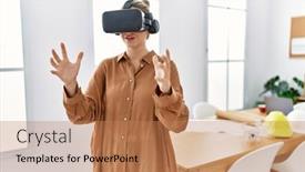  Presentation with virtual reality - Presentation design consisting of young-blonde-woman-smiling-confident background and a  colored foreground