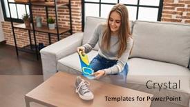  Presentation with shoe - Slide set consisting of young-blonde-woman-smiling-confident background and a coral colored foreground