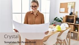  Presentation with paperwork - Presentation enhanced with young-blonde-woman-smiling-confident background and a  colored foreground