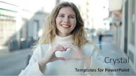  Presentation with heart hands - PPT theme with young-blonde-woman-smiling-confident background and a light blue colored foreground