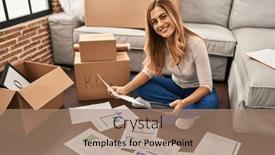  Presentation with economy - Presentation theme having young-blonde-woman-smiling-confident background and a coral colored foreground