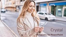  Presentation with counting - Presentation theme enhanced with young-blonde-woman-smiling-confident background and a coral colored foreground